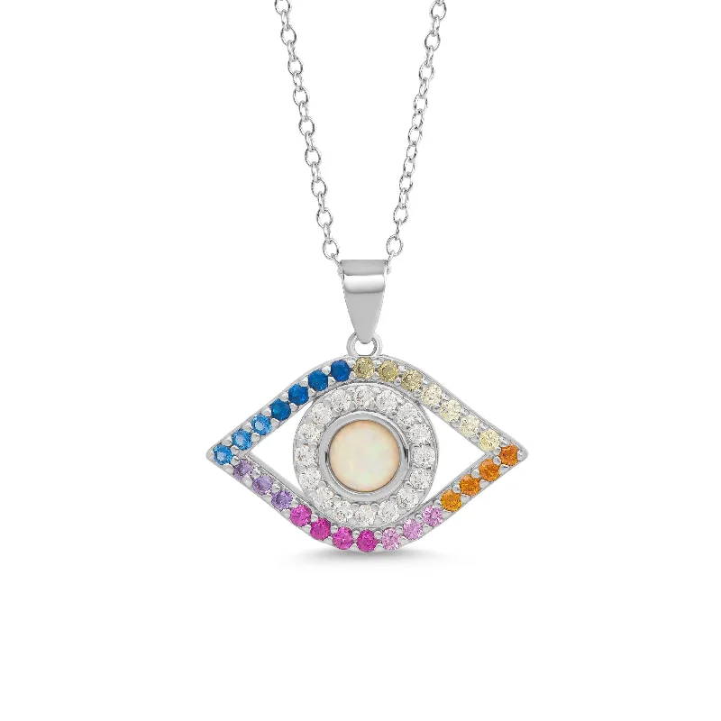 Vintage Pearl Necklace-Rainbow CZ Evil Eye Necklace