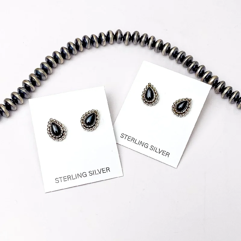 Charming Earrings for Women-Hada Collection | Handmade Sterling Silver Teardrop Shaped Stud Earrings with Black Onyx Remix Stones