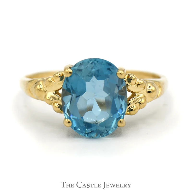 Simple Platinum Wedding Band-Oval Blue Topaz Ring with Beaded Split Sides in 14k Yellow Gold