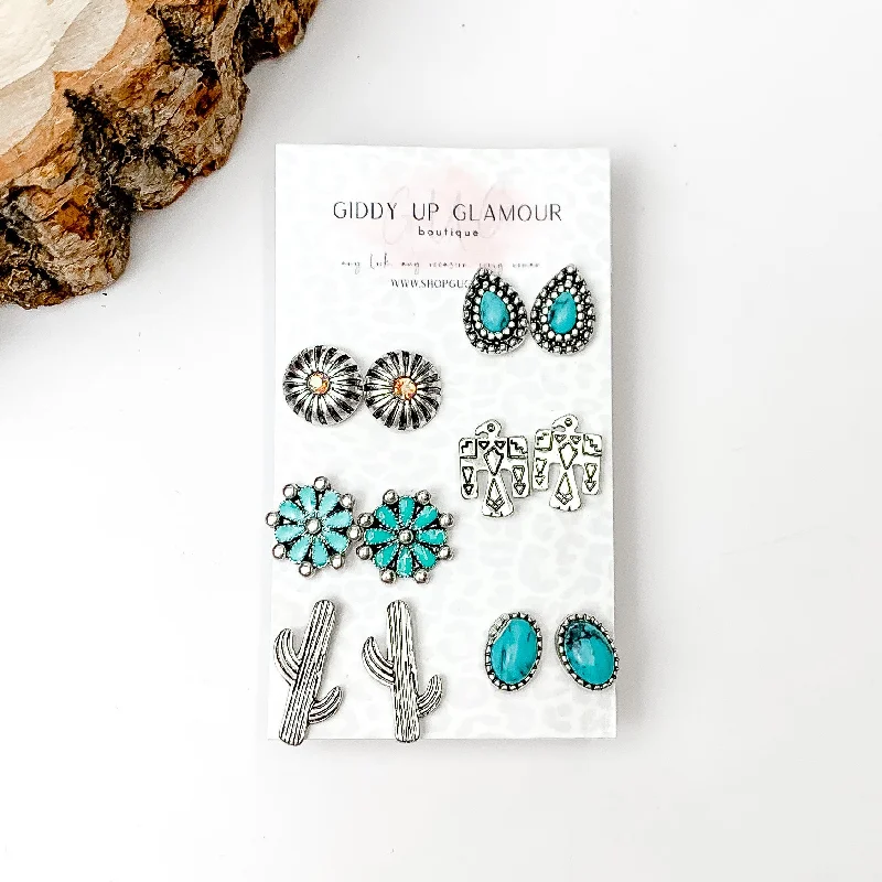 Wedding Jewelry Earrings-Set Of Six | Western Themed Turquoise Blue and Silver Tone Stud Earrings