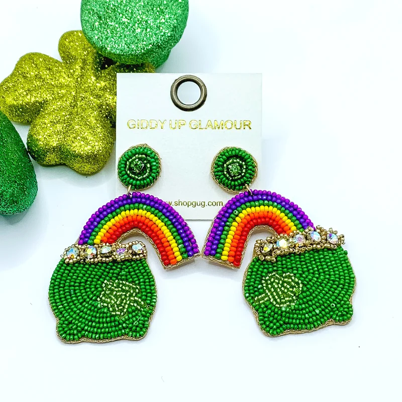 Trendy Dangle Earrings-Post Back Beaded Pot of Gold Earrings in Green