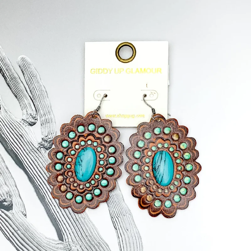 Sparkling Silver Earrings-Scalloped Oval Faux Leather Tooled Earrings with Turquoise Blue Center