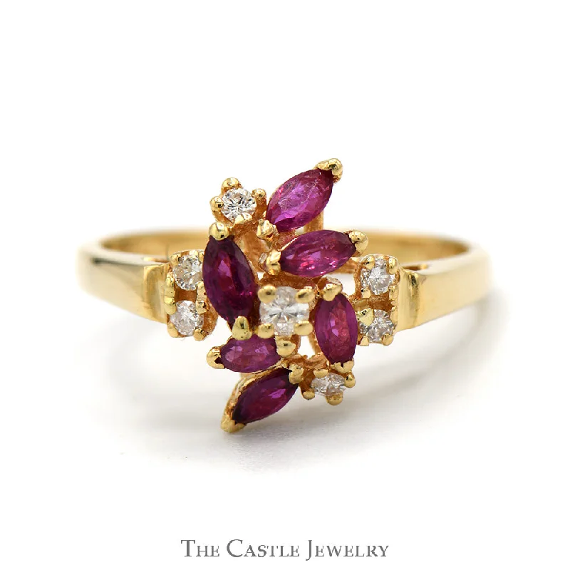 Customizable Engagement Ring-Marquise Cut Ruby and Round Diamond Cluster Ring in 14k Yellow Gold