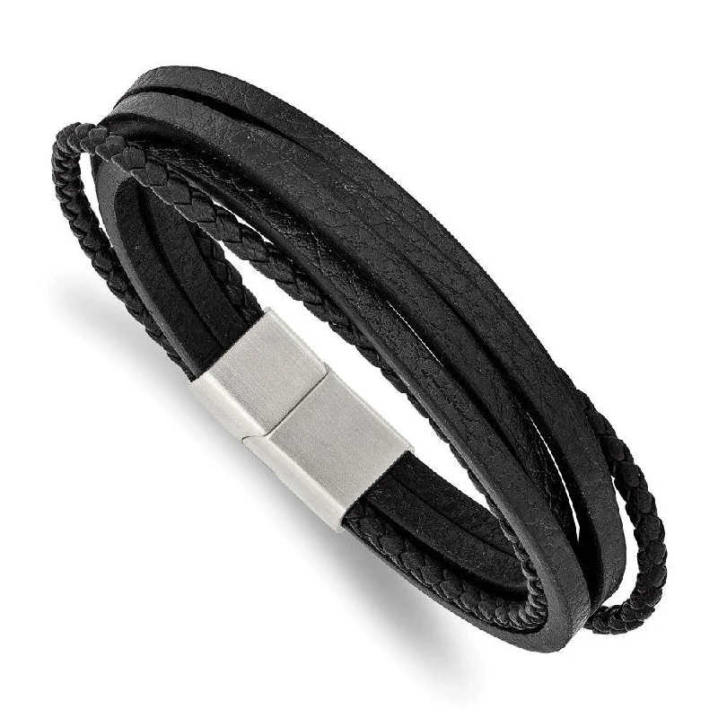 Men’s Stylish Bracelet-Stainless Steel Brushed Black Leather Multi Strand 8in Bracelet