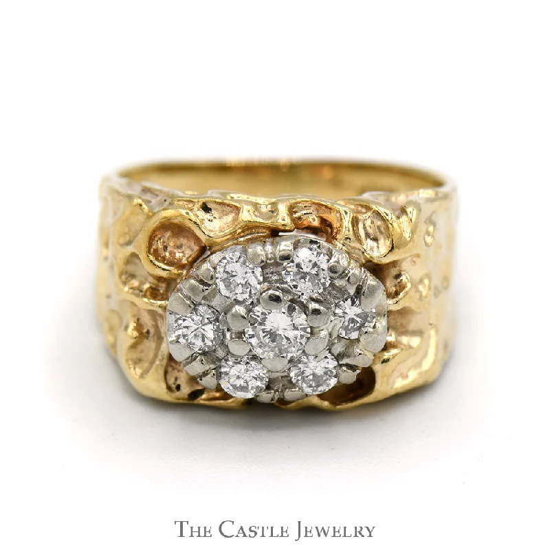 Personalized Wedding Ring-Oval Shaped Diamond Cluster Ring with Nugget Designed Sides in 10k Yellow Gold