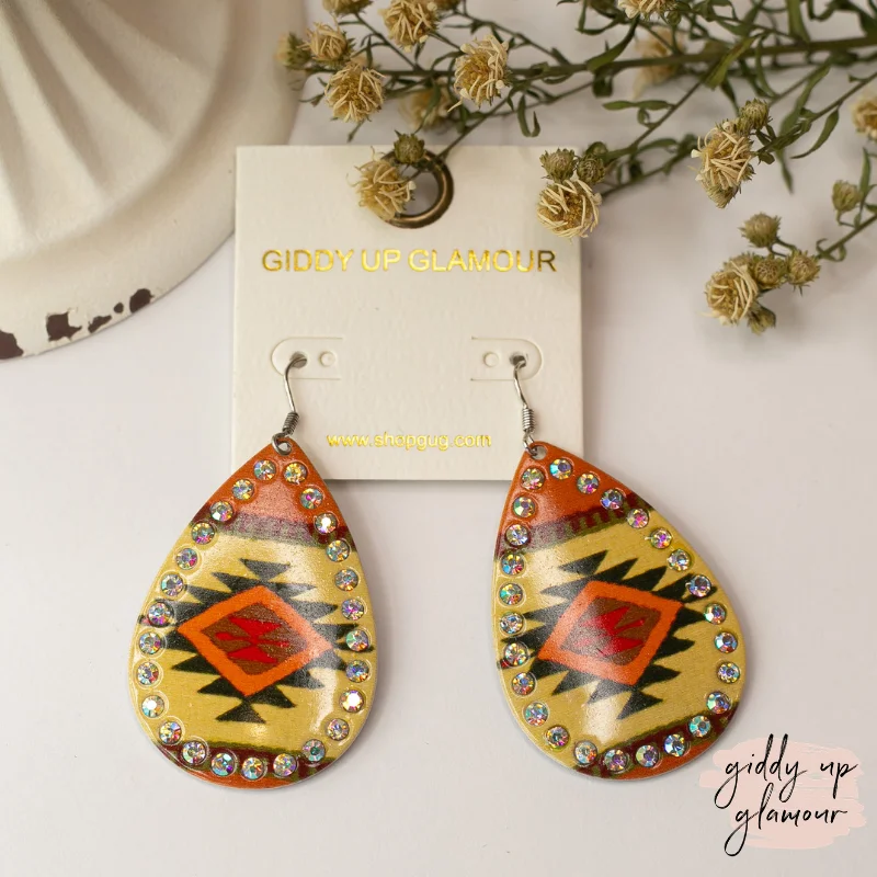 Black Diamond Earrings-Aztec Teardrop Earrings with AB Crystal Outline in Orange