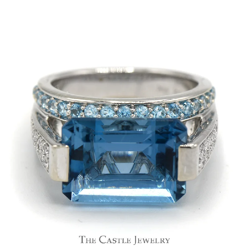 Luxury Wedding Band-Emerald Cut Blue Topaz Ring with Blue Topaz and Diamond Cluster Accents in 14k White Gold