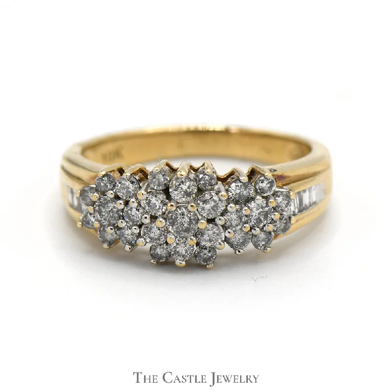 Silver Promise Ring-1/2cttw Diamond Cluster Ring with Baguette Diamond Accents in 10k Yellow Gold