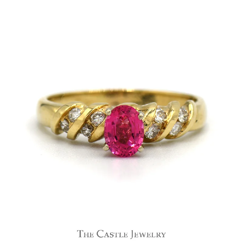 Custom Sterling Silver Ring-Oval Pink Topaz And Diamond Ring With .25 CTTW Channel-Set Diamonds In 14KT Yellow Gold