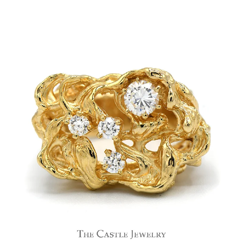 Simple Platinum Wedding Band-Cubic Zirconia Cluster Ring in 14k Yellow Gold Freeform Style Open Nugget Mounting