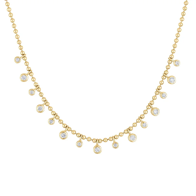 Customizable Birthstone Necklace-14KT GOLD DIAMOND MANY BEZEL DANGLE BALL NECKLACE