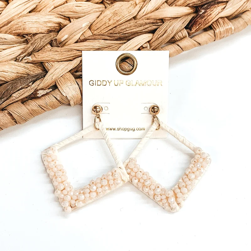 Luxurious Pearl Earrings-Champagne Secrets Beaded and Raffia Wrapped Diamond Earrings in Ivory