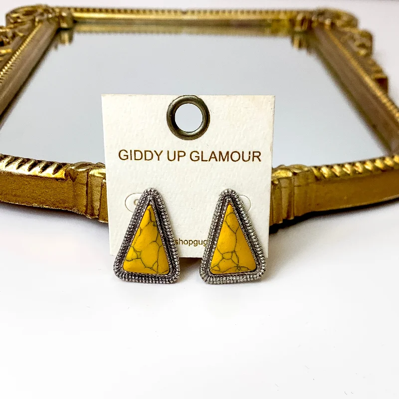 Fashion Earrings for Wedding Day-Western Silver Tone Faux Triangle Stone Earrings in Mustard Yellow