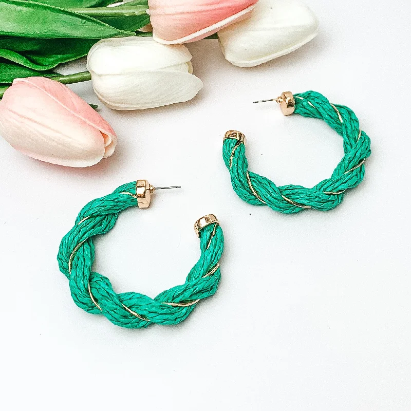 Heart Shaped Earrings-Paradise Dreaming Raffia Twisted Hoop Earrings with Gold Detailing in Teal