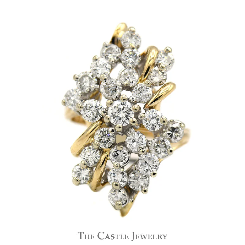 Luxury Gold Wedding Ring-2.5cttw Diamond Cluster Ring with Open Bypass 14k Yellow Gold Setting