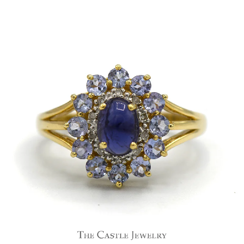 Bold Engagement Ring-Oval Cabochon Tanzanite Ring with Round Tanzanite and Illusion Set Diamond Halo in 10k Yellow Gold