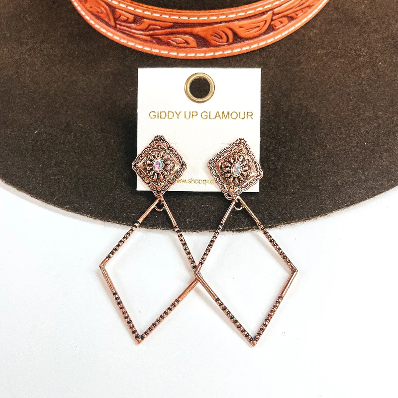 Vintage Wedding Earrings-Point of Pretty Diamond Concho Post Earrings with AB Crystals and Diamond Drop in Copper Tone