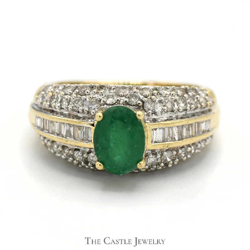 Vintage Engagement Ring-Oval Emerald Ring with Channel Set Baguette and Pave Round Diamond Accents in 14k Yellow Gold