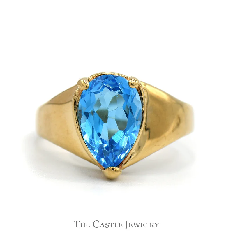 Modern Wedding Band Set for Women-Pear Cut Blue Topaz Ring with Tapered Band in 10k Yellow Gold