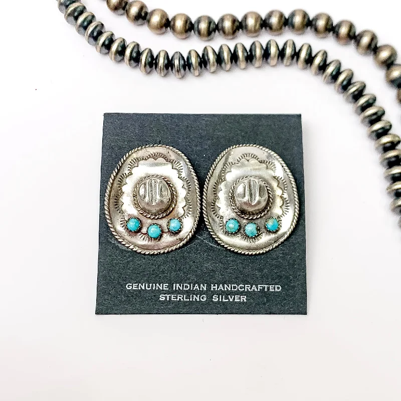 Silver Earrings with Diamonds-Pam Benally | Navajo Handmade Sterling Silver Cowgirl Hat Stud Earrings with Three Small Turquoise Stones