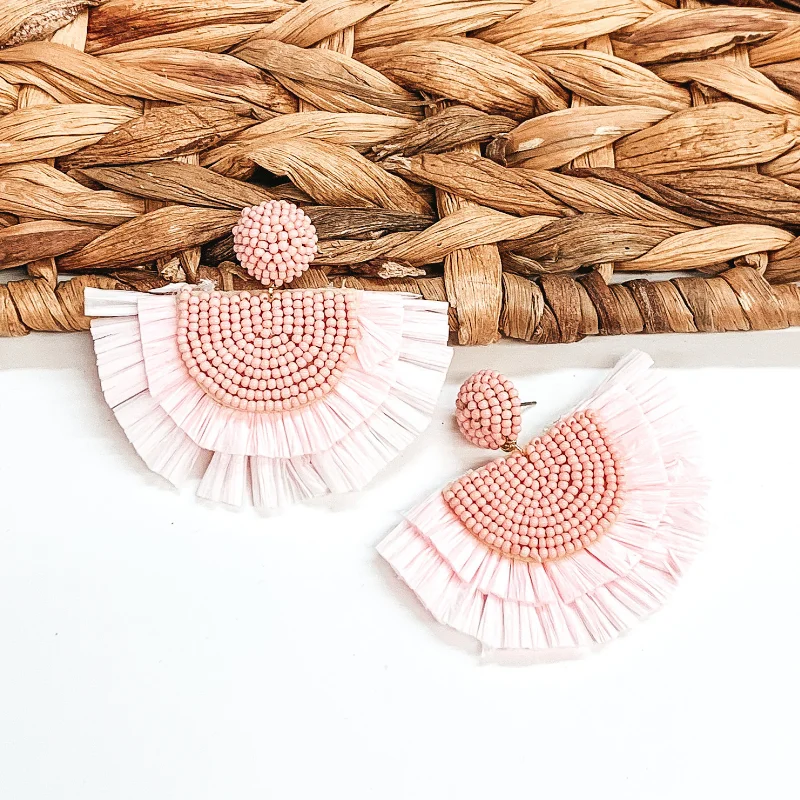 Handmade Gold Earrings-Sunkissed Half Circle Beaded Earrings with Raffia Fringe in Baby Pink