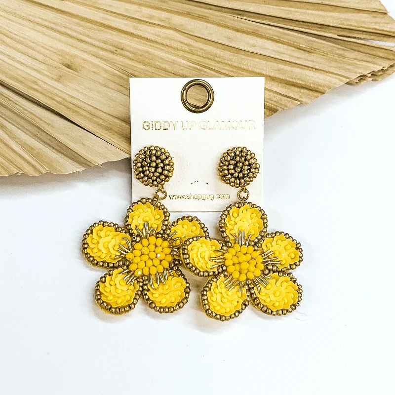 Wedding Jewelry Earrings-Beaded Flower Earrings in Yellow