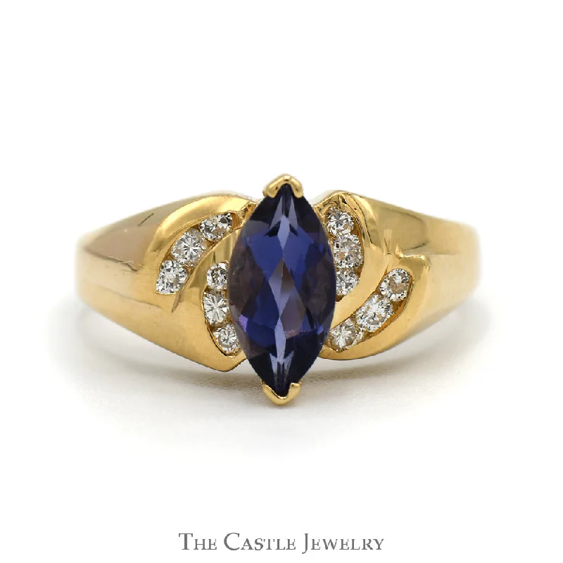 Classic Platinum Wedding Ring-Marquise Tanzanite Ring with Channel Set Diamond Accents in 14k Yellow Gold