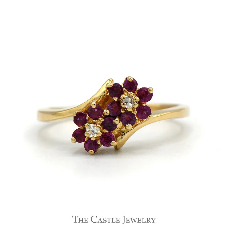 Wedding Ring for Special Occasions-Double Ruby Flower Cluster Ring with Diamond Accents in 10k Yellow Gold