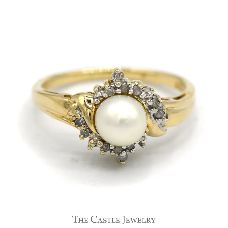 Gorgeous Wedding Band-Dainty Pearl Ring with Crossover Diamond Accent in 10K Gold