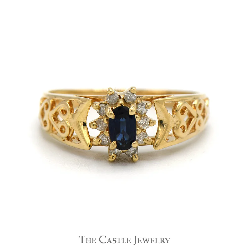 Personalized Diamond Engagement Ring-Oval Sapphire Ring with Diamond Halo in 14k Yellow Gold Open Heart Mounting