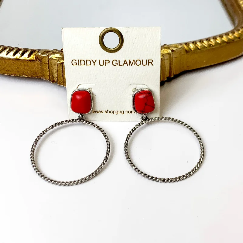 Fashionable Stud Earrings-Soulful Look Circle Drop and Stone Post Silver Earrings in Red