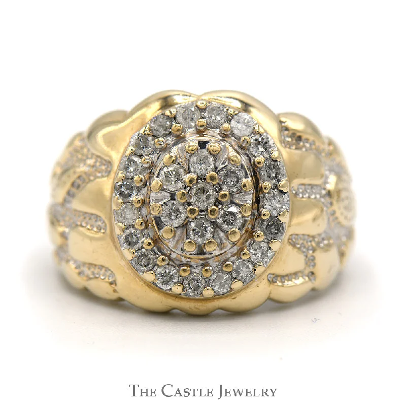 Custom Gold Ring-3/4cttw Oval Shaped Diamond Cluster Men's Ring with Nugget Designed Sides in 10k Yellow Gold