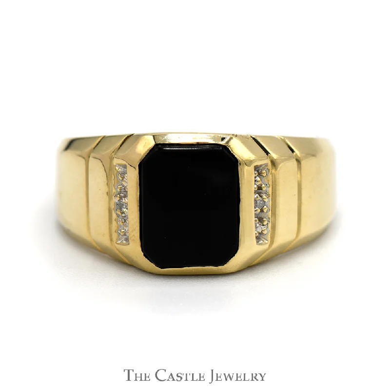 Dainty Engagement Ring-Rectangular Black Onyx Ring with Diamond Accents in 10k Yellow Gold Grooved Mounting