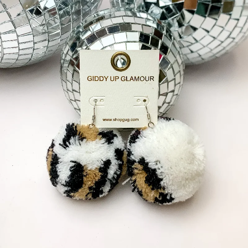 Colorful Stud Earrings-Party Poms Large Leopard Print Earrings in White