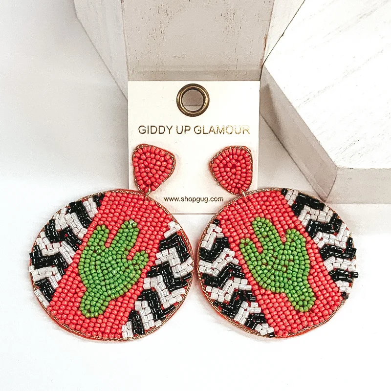 Gorgeous Stud Earrings-Chevron and Cactus Beaded Circle Drop Earrings in Coral