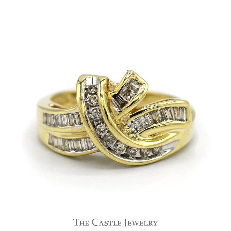 Luxury Engagement Ring Set-1/2cttw Baguette & Round Diamond Swirled Cluster Ring in 10k Yellow Gold