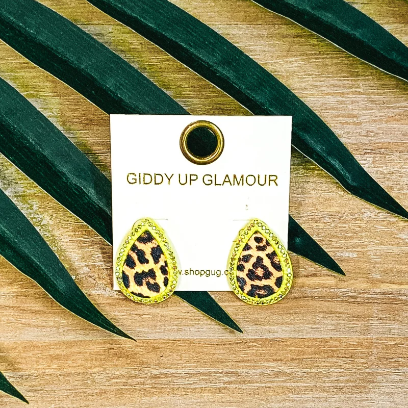 Diamond Dangle Earrings-Teardrop Leopard Print Studs in Neon Yellow with Multi Crystals