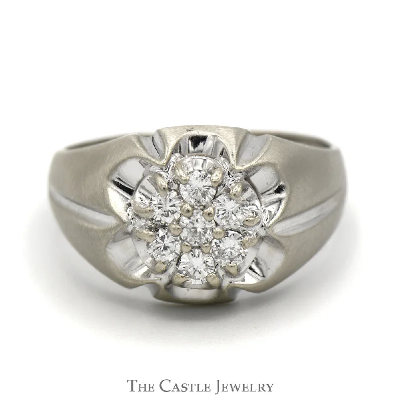 Bridal Engagement Ring-1/2cttw 7 Diamond Cluster Ring in Ridged Designed Brushed 10k White Gold Mounting