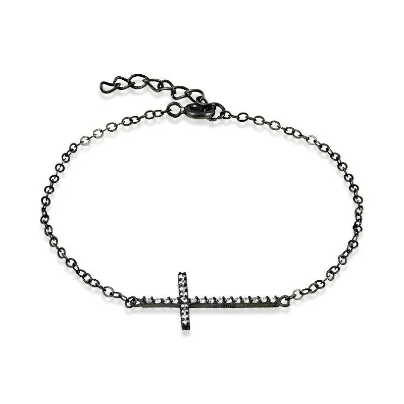 Sparkling Silver Bracelet-Sterling Silver Black Rhodium CZ Sideways Cross Bracelet, 7"