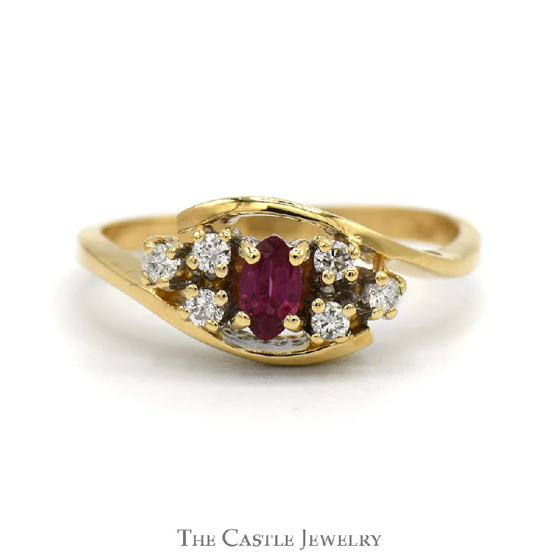 Gemstone Wedding Ring Set-Marquise Cut Ruby Ring with Diamond Cluster Accents in 14k Yellow Gold