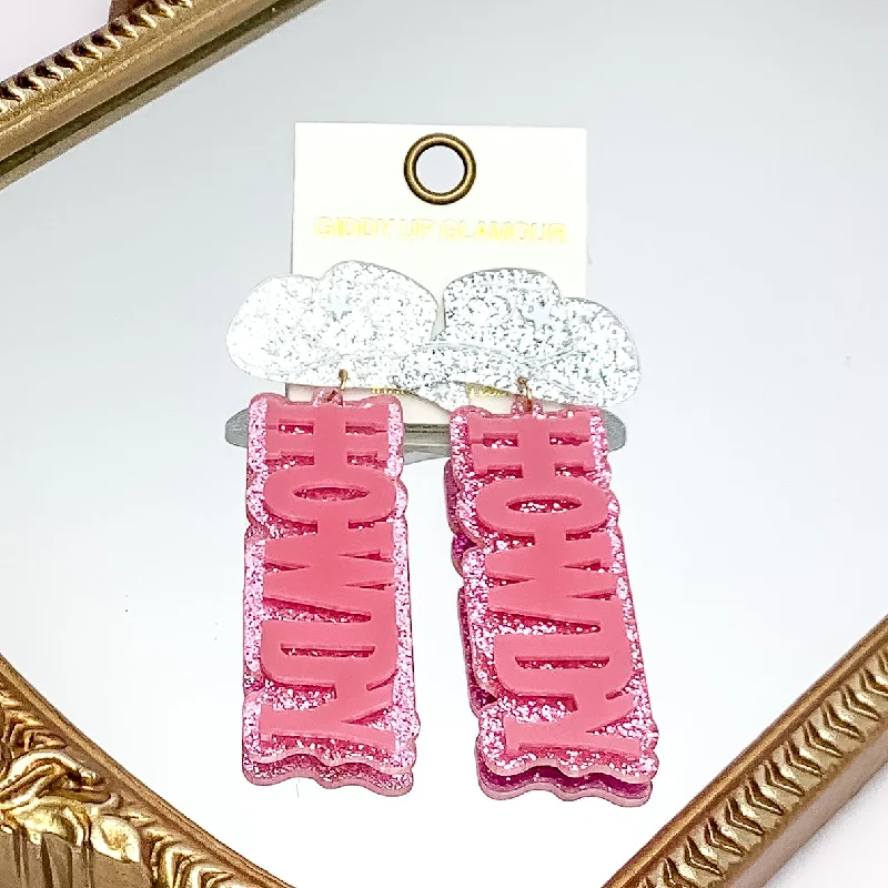 Trendy Drop Earrings-HOWDY Earrings with Silver Tone Cowboy Hat Post in Pink