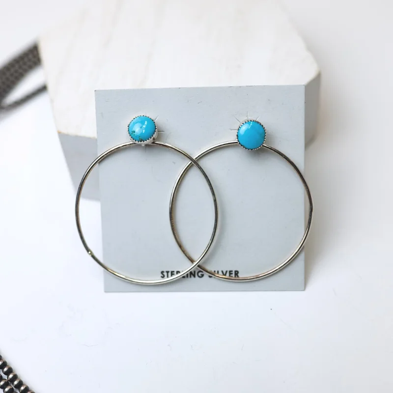 Silver Stud Earrings-Anthony Skeets | Navajo Handmade Sterling Silver Hoop Earrings with Sleeping Beauty Turquoise Studs