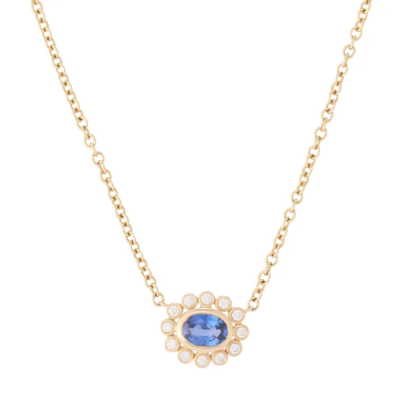 Beautiful Gold Necklace-Sapphire Necklace with Bezel Diamond Halo