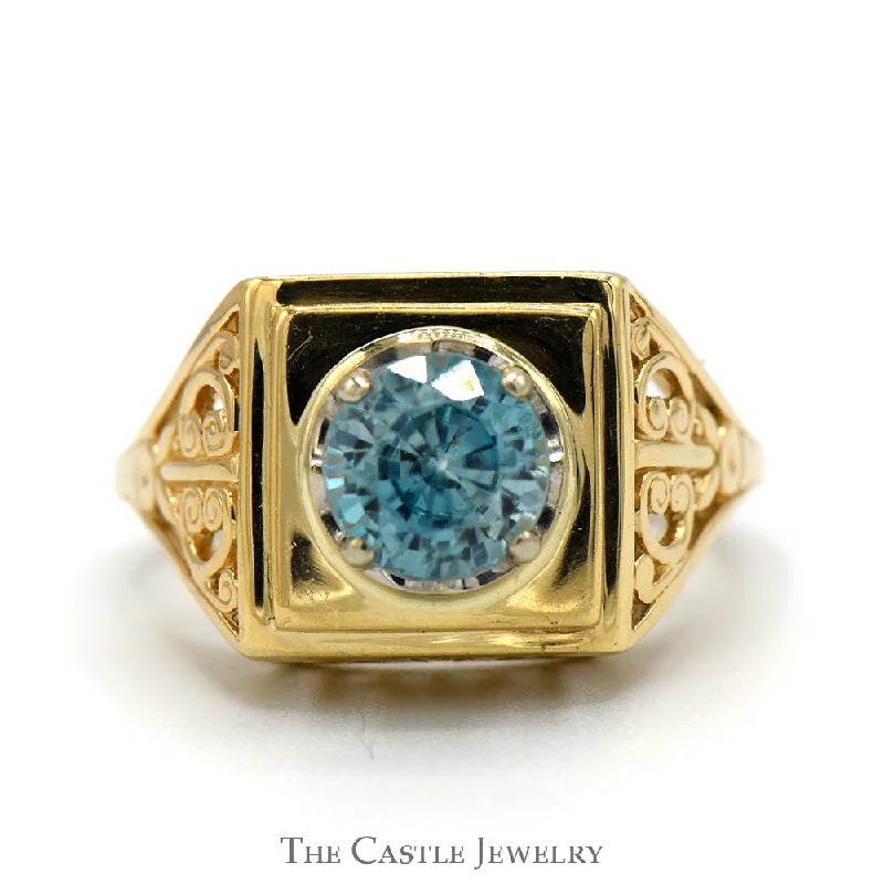 Beautiful Custom Ring-Round Topaz Ring with Open Scroll Designed Sides in 14k Yellow Gold