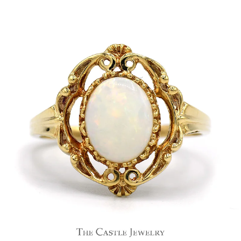 Wedding Band with Diamonds-Oval Cut Opal Ring in 10k Yellow Gold Open Antique Style Mounting