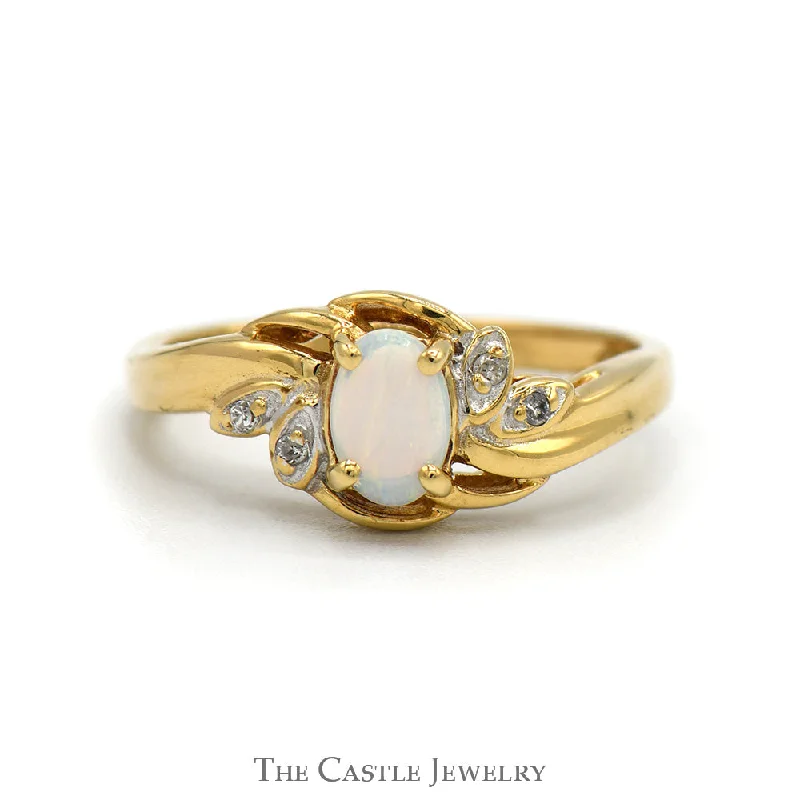 Bridal Engagement Ring-Oval Opal Ring with Diamond Accents in 10k Yellow Gold Open Swirled Bypass Design