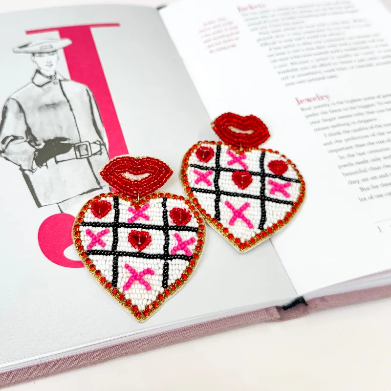 Classic Round Earrings-Beaded Heart Shaped Tic Tac Toe Earrings in Red