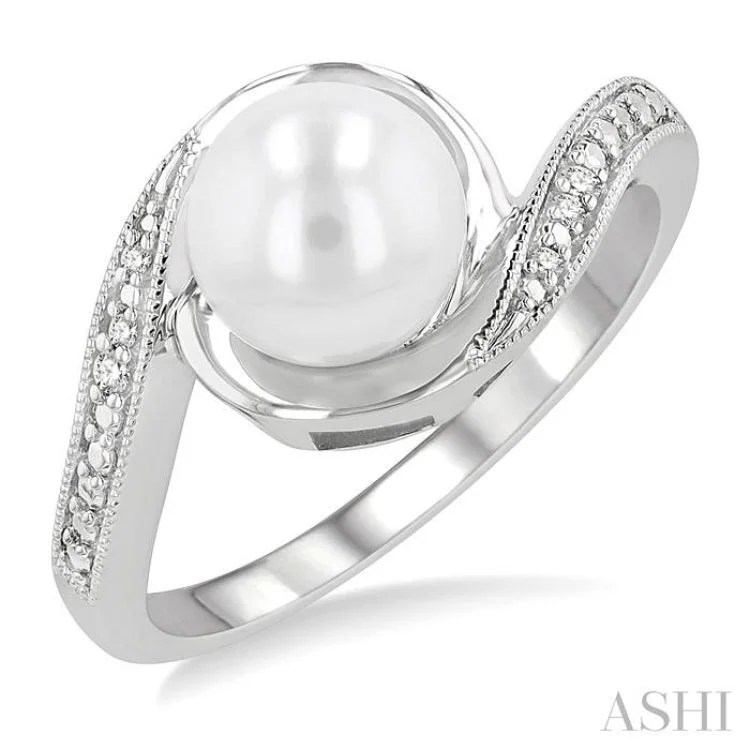 Gorgeous Wedding Band with Diamonds-1/50 Ctw Bypass Round Cut Diamond & 7x7MM Cultured Pearl Ring in Sterling Silver