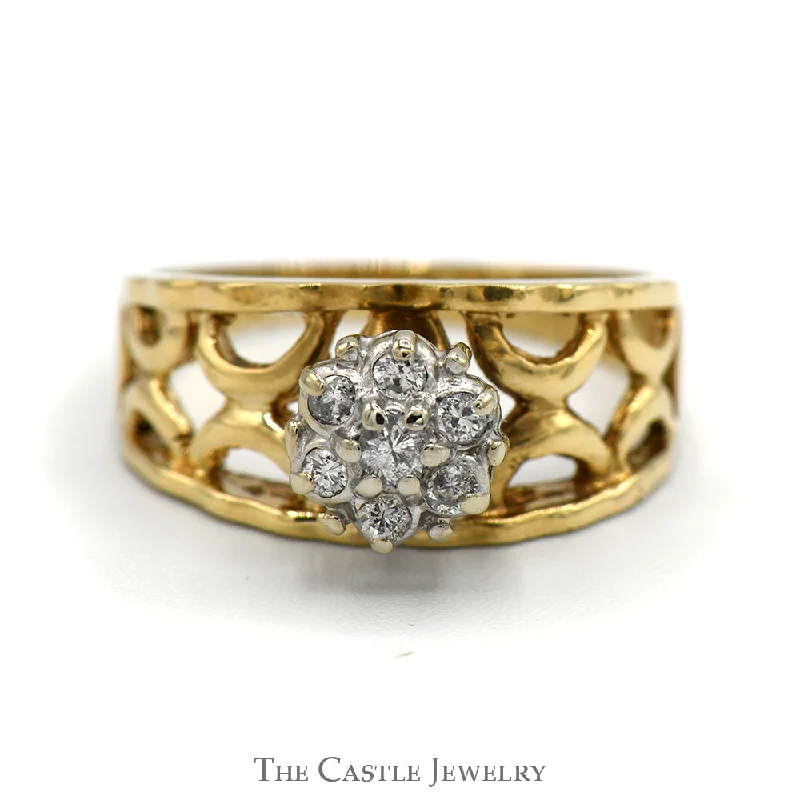 Unique Diamond Ring-7 Diamond Flower Cluster Ring with Open Lattice Sides in 10k Yellow Gold