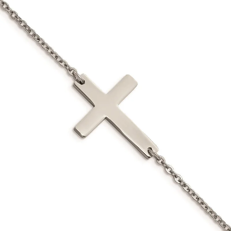 Personalized Silver Bracelet for Women-Stainless Steel Polished Sideways Cross 7.25in Bracelet